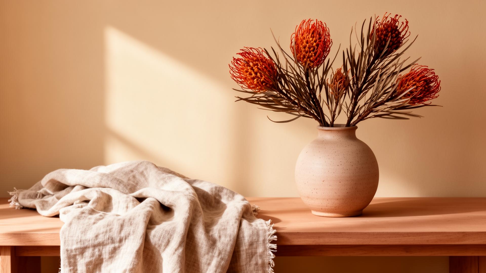 Native banksia in a hand-thrown vase on a timber bench